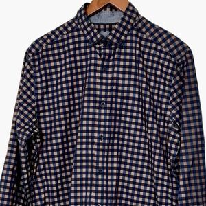 Johnston & Murphy Mens Medium Blue Brown Plaid Button Down Shirt Long Sleeve